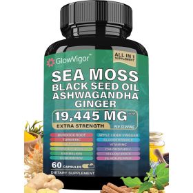 Sea Moss 7000mg Black Seed Oil 4000mg Ashwagandha 2000mg Ginger Blend with Turmeric 2000mg Bladderwrack Burdock & Vitamin D3 Vitamin C with ACV Chloro (particle: Sixty granules)