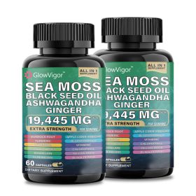 Sea Moss 7000mg Black Seed Oil 4000mg Ashwagandha 2000mg Ginger Blend with Turmeric 2000mg Bladderwrack Burdock & Vitamin D3 Vitamin C with ACV Chloro (particle: Two bottles)